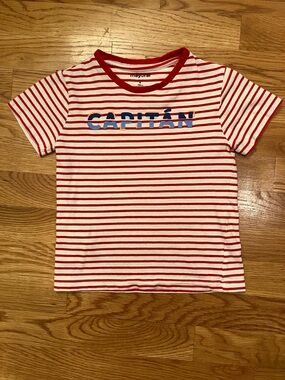 Mayoral size 4 Red & White Striped 'Capitán' Tee with Blue Lettering